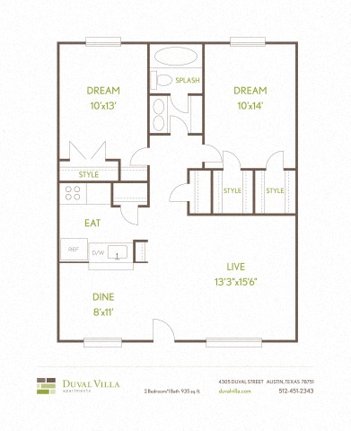 Floor plan for 2 beds, 1 bath, 935 sqft